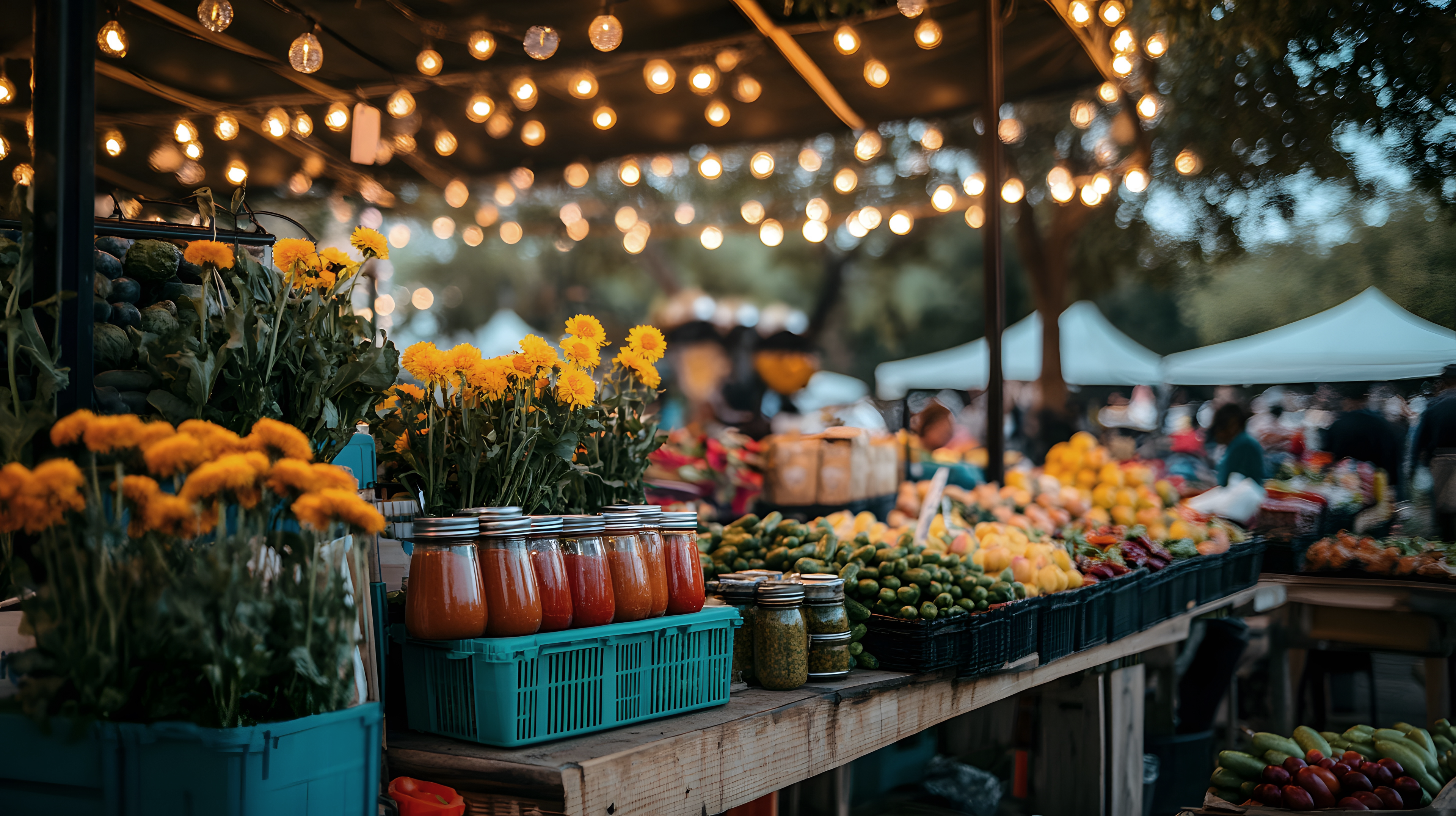 Vibrant farm market with fresh produce in natural setting
